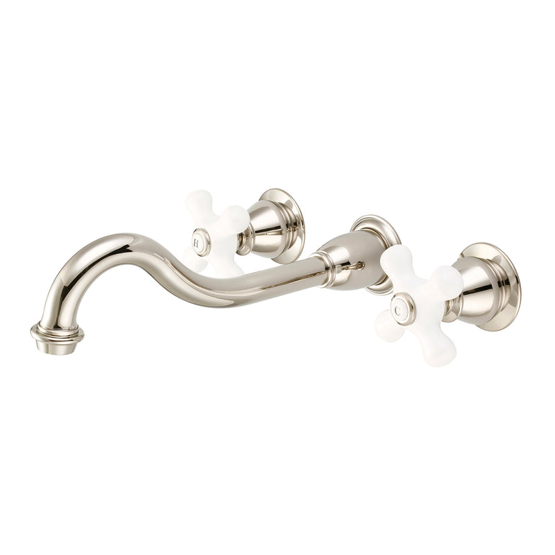 Water Creation Elegant Spout Wall Mount Vessel/Lavatory Faucets in Polished Nickel PVD Finish with Porcelain Cross Handles Hot and Cold Labels Included F4-0001-05-PX