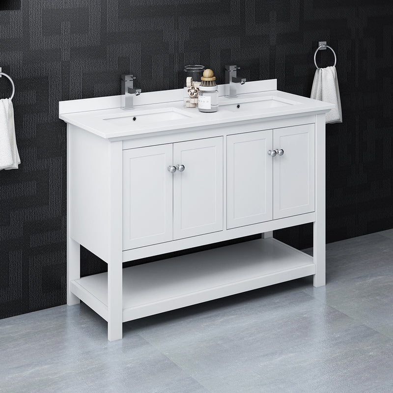 Fresca Manchester 48" White Traditional Double Sink Bathroom Cabinet with Top and Sinks FCB2348WH-D-CWH-U