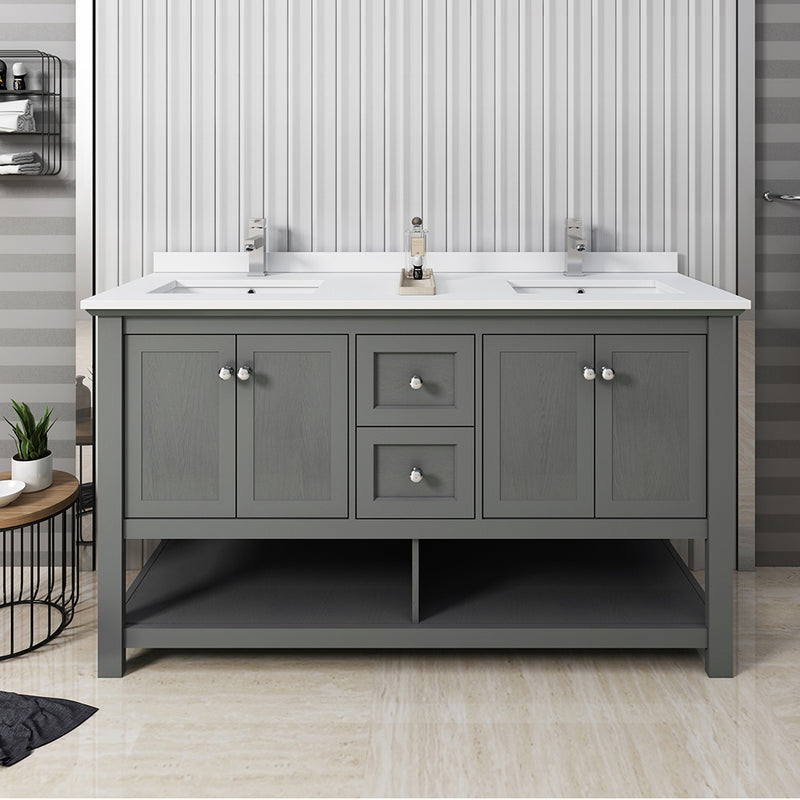 Fresca Manchester Regal 60" Gray Wood Veneer Traditional Double Sink Bathroom Cabinet with Top and Sinks FCB2360VG-D-CWH-U