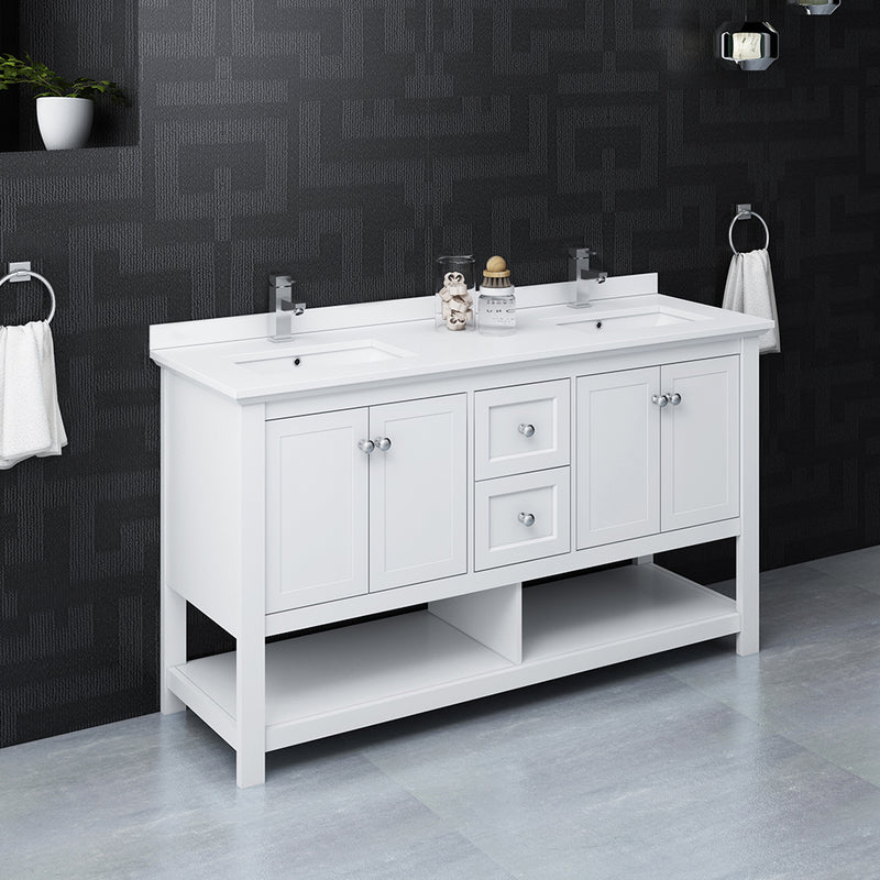 Fresca Manchester 60" White Traditional Double Sink Bathroom Cabinet with Top and Sinks FCB2360WH-D-CWH-U