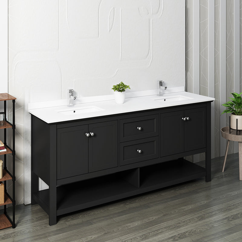 Fresca Manchester 72" Black Traditional Double Sink Bathroom Cabinet with Top and Sinks FCB2372BL-D-CWH-U