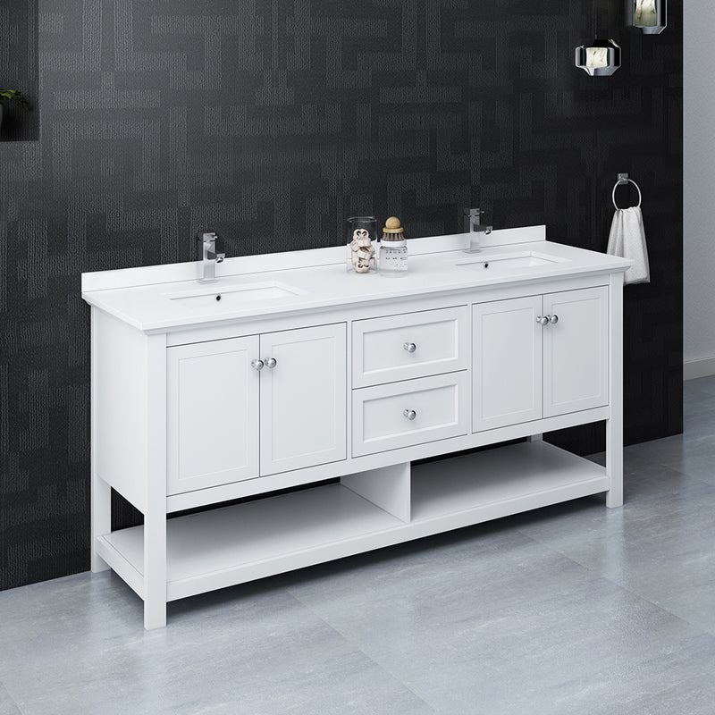 Fresca Manchester 72" White Traditional Double Sink Bathroom Cabinet with Top and Sinks FCB2372WH-D-CWH-U