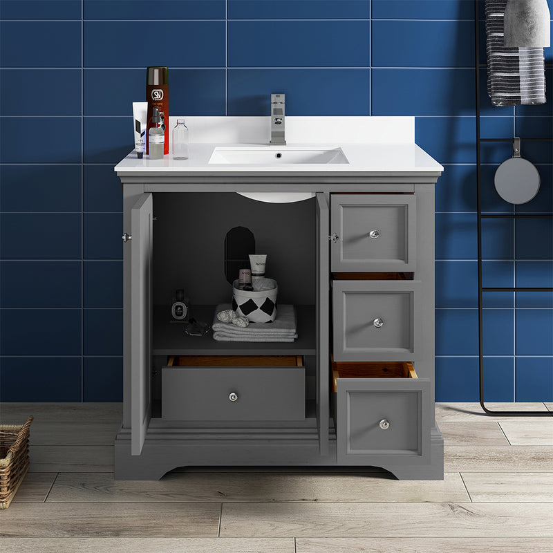 Fresca Windsor 36" Gray Textured Traditional Bathroom Cabinet with Top and Sink FCB2436GRV-CWH-U