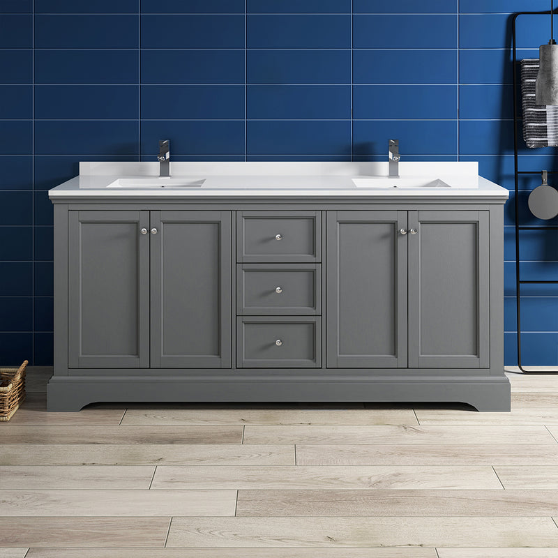 Fresca Windsor 72" Gray Textured Traditional Double Sink Bathroom Cabinet with Top and Sinks FCB2472GRV-CWH-U