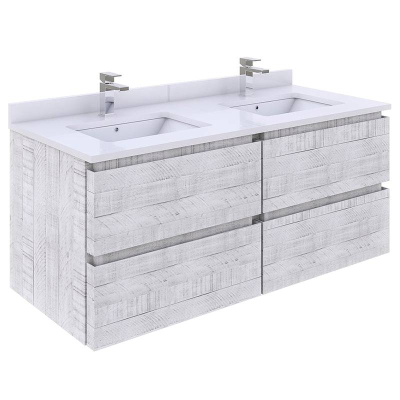 Fresca Formosa 48" Wall Hung Double Sink Modern Bathroom Cabinet w/ Top & Sinks in Rustic White FCB31-2424RWH-CWH-U