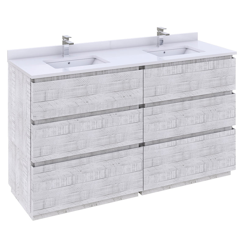 Fresca Formosa 60" Floor Standing Double Sink Modern Bathroom Cabinet w/ Top & Sinks in Rustic White FCB31-3030RWH-FC-CWH-U