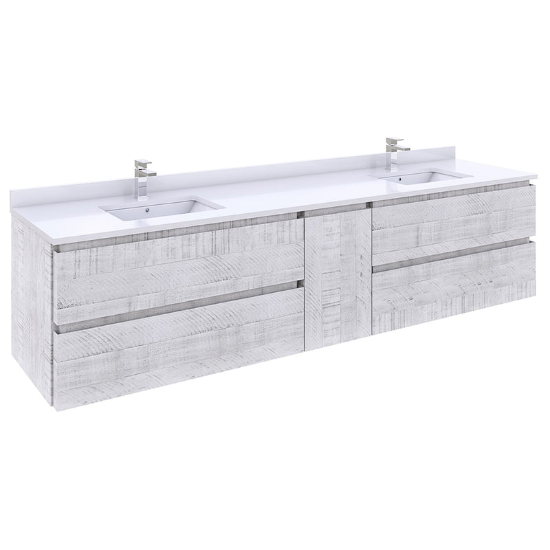 Fresca Formosa 84" Wall Hung Double Sink Modern Bathroom Cabinet w/ Top & Sinks in Rustic White FCB31-361236RWH-CWH-U