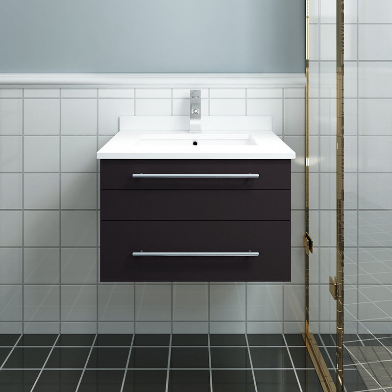 Fresca Lucera 24" Espresso Wall Hung Modern Bathroom Cabinet with Top and Undermount Sink FCB6124ES-UNS-CWH-U