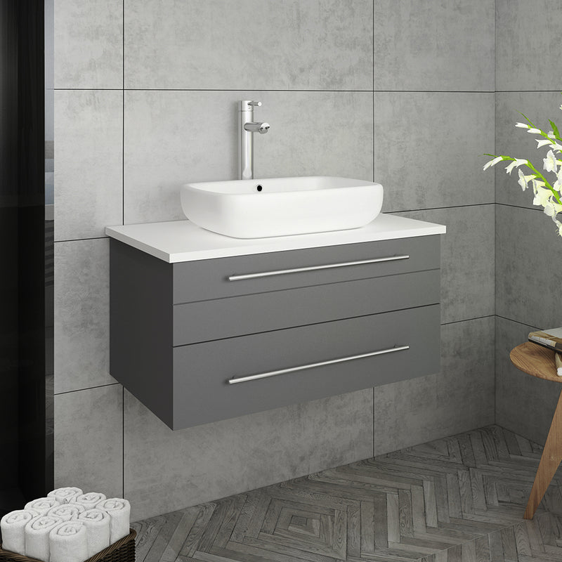 Fresca Lucera 30" Gray Wall Hung Modern Bathroom Cabinet with Top and Vessel Sink FCB6130GR-VSL-CWH-V