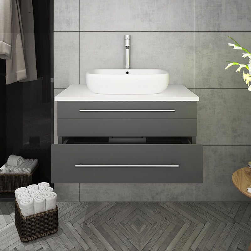 Fresca Lucera 30" Gray Wall Hung Modern Bathroom Cabinet with Top and Vessel Sink FCB6130GR-VSL-CWH-V