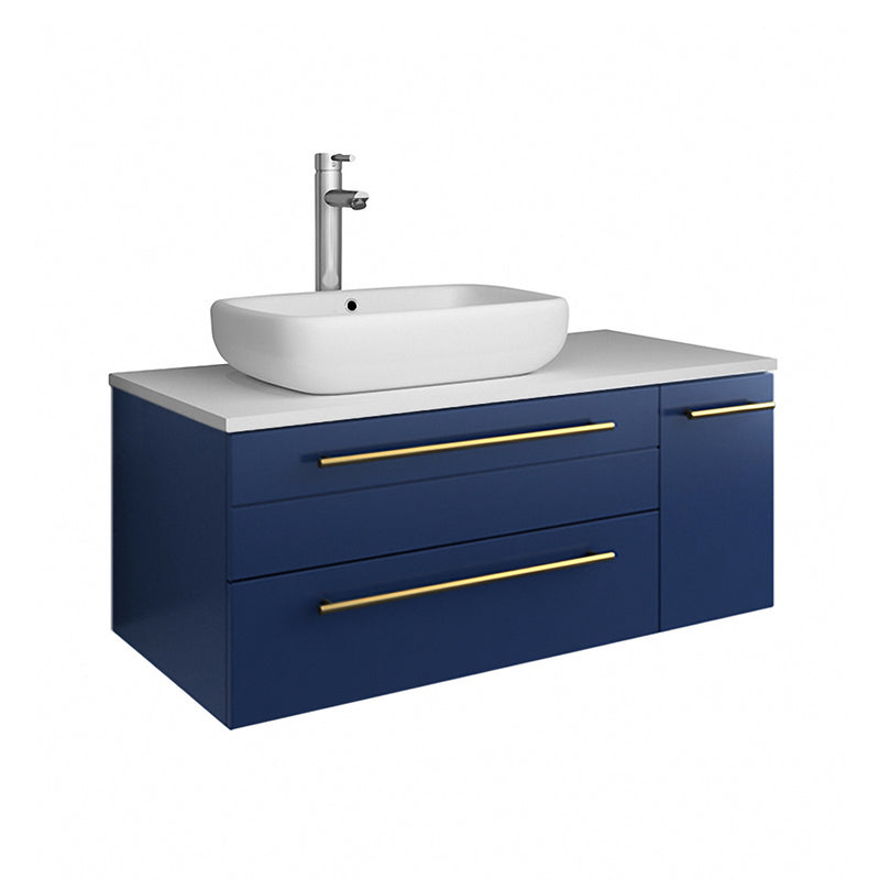 Fresca Lucera 36" Royal Blue Wall Hung Modern Bathroom Cabinet w/ Top & Vessel Sink - Left Version FCB6136RBL-VSL-L-CWH-V