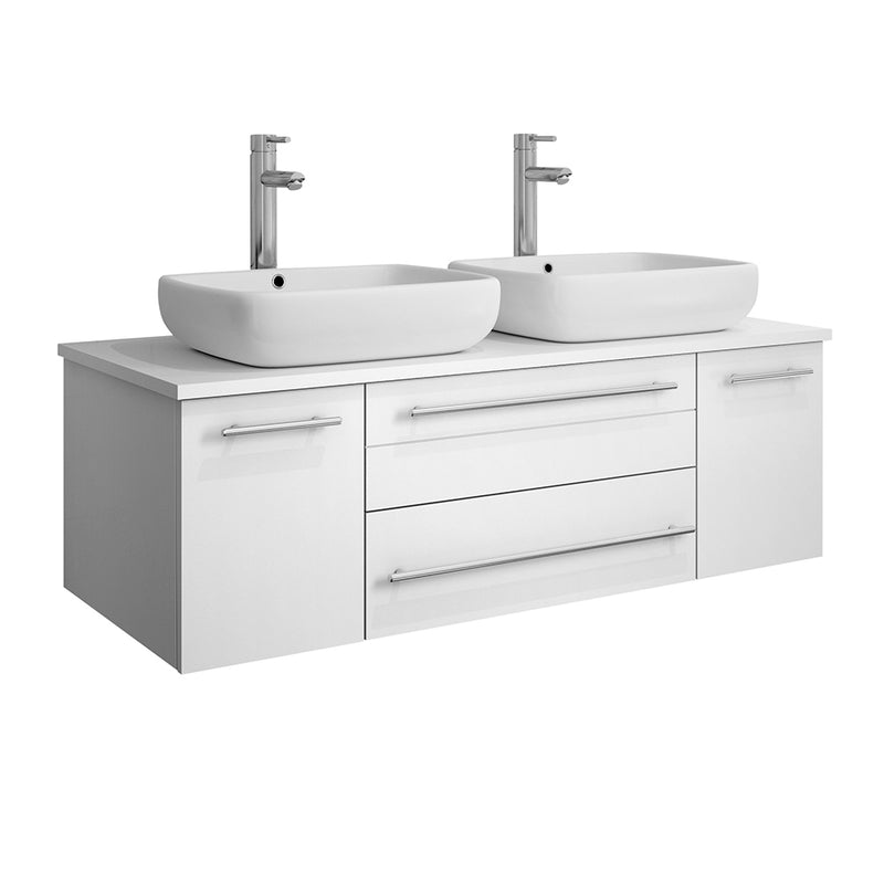 Fresca Lucera 48" White Wall Hung Modern Bathroom Cabinet w/ Top & Double Vessel Sinks FCB6148WH-VSL-D-CWH-V