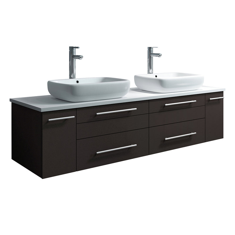 Fresca Lucera 60" Espresso Wall Hung Modern Bathroom Cabinet w/ Top & Double Vessel Sinks FCB6160ES-VSL-D-CWH-V