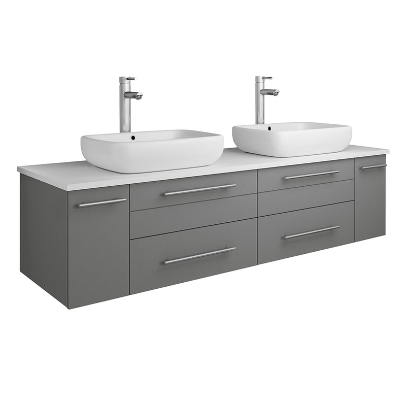 Fresca Lucera 60" Gray Wall Hung Modern Bathroom Cabinet w/ Top & Double Vessel Sinks FCB6160GR-VSL-D-CWH-V