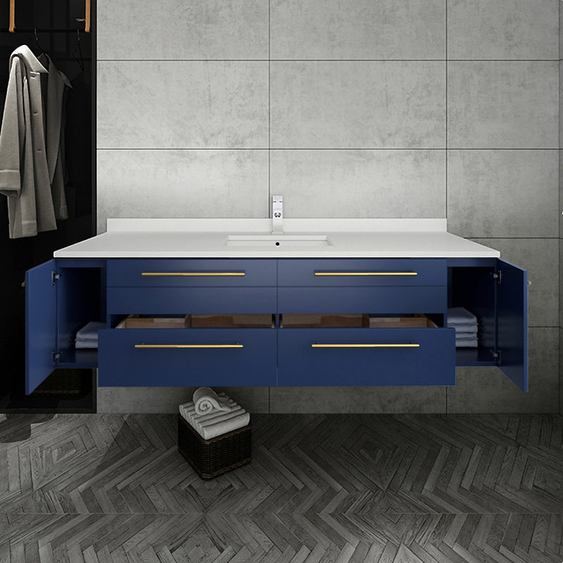 Fresca Lucera 60" Royal Blue Wall Hung Modern Bathroom Cabinet with Top and Single Undermount Sink FCB6160RBL-UNS-CWH-U