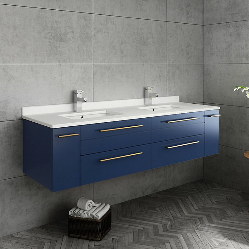 Fresca Lucera 60" Royal Blue Wall Hung Modern Bathroom Cabinet with Top and Double Undermount Sinks FCB6160RBL-UNS-D-CWH-U