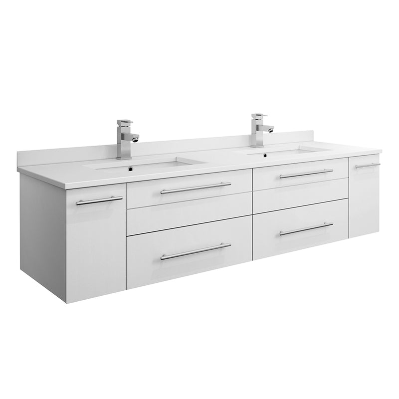 Fresca Lucera 60" White Wall Hung Modern Bathroom Cabinet w/ Top & Double Undermount Sinks FCB6160WH-UNS-D-CWH-U
