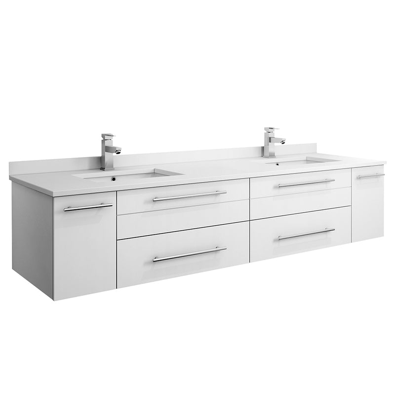 Fresca Lucera 72" White Wall Hung Modern Bathroom Cabinet w/ Top & Double Undermount Sinks FCB6172WH-UNS-D-CWH-U