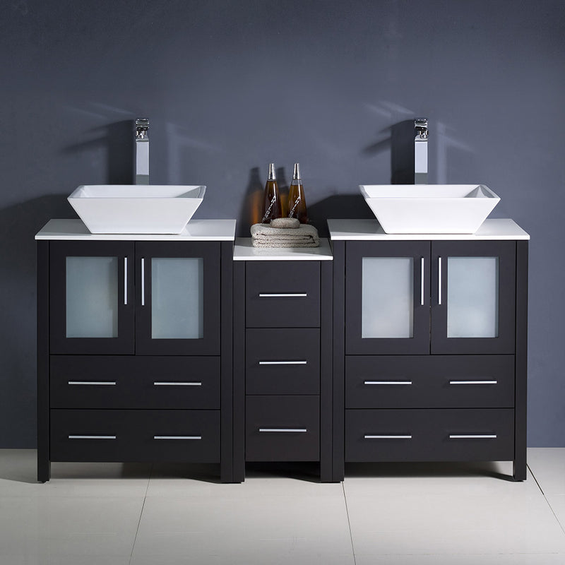 Fresca Torino 60" Espresso Modern Double Sink Bathroom Cabinets with Tops and Vessel Sinks FCB62-241224ES-CWH-V