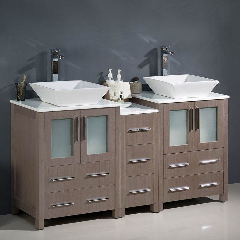 Fresca Torino 60" Gray Oak Modern Double Sink Bathroom Cabinets with Tops and Vessel Sinks FCB62-241224GO-CWH-V