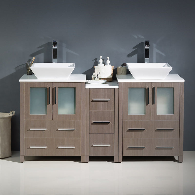 Fresca Torino 60" Gray Oak Modern Double Sink Bathroom Cabinets with Tops and Vessel Sinks FCB62-241224GO-CWH-V