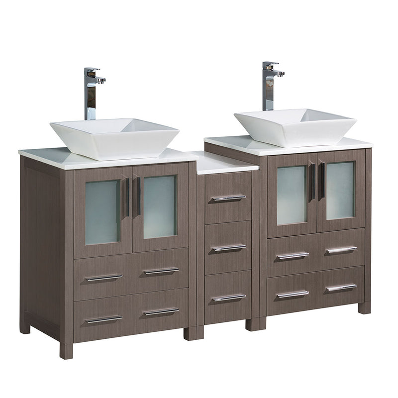 Fresca Torino 60" Gray Oak Modern Double Sink Bathroom Cabinets w/ Tops & Vessel Sinks FCB62-241224GO-CWH-V