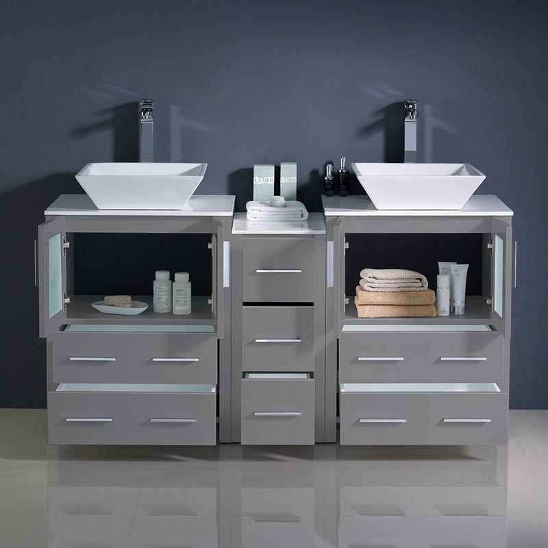 Fresca Torino 60" Gray Modern Double Sink Bathroom Cabinets with Tops and Vessel Sinks FCB62-241224GR-CWH-V