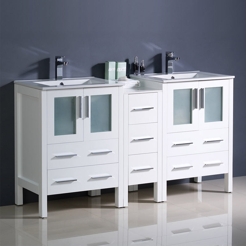 Fresca Torino 60" White Modern Double Sink Bathroom Cabinets with Integrated Sinks FCB62-241224WH-I