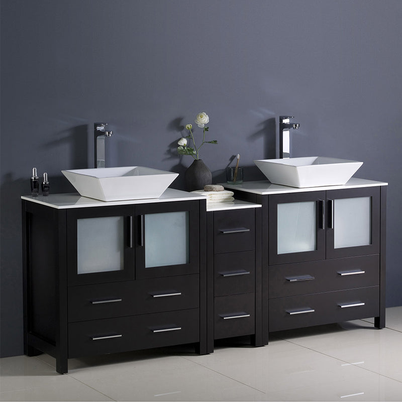 Fresca Torino 72" Espresso Modern Double Sink Bathroom Cabinets with Tops and Vessel Sinks FCB62-301230ES-CWH-V