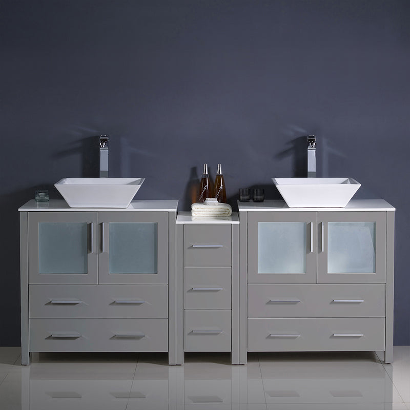 Fresca Torino 72" Gray Modern Double Sink Bathroom Cabinets with Tops and Vessel Sinks FCB62-301230GR-CWH-V