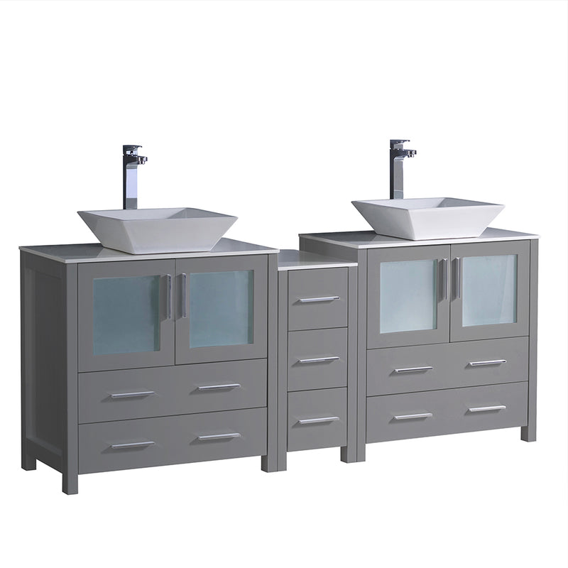 Fresca Torino 72" Gray Modern Double Sink Bathroom Cabinets w/ Tops & Vessel Sinks FCB62-301230GR-CWH-V