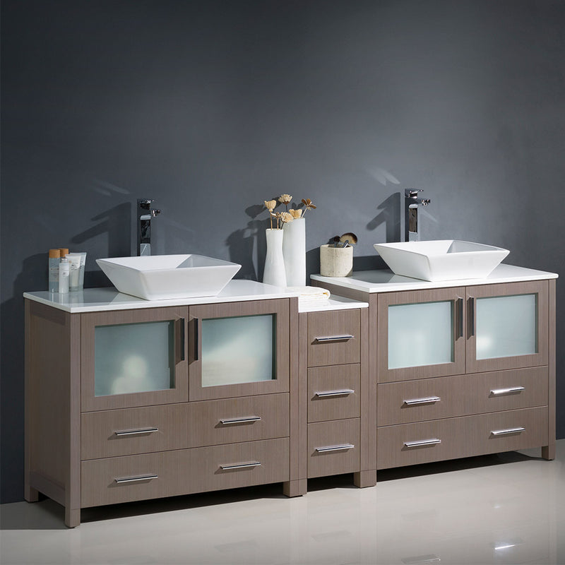Fresca Torino 84" Gray Oak Modern Double Sink Bathroom Cabinets with Tops and Vessel Sinks FCB62-361236GO-CWH-V