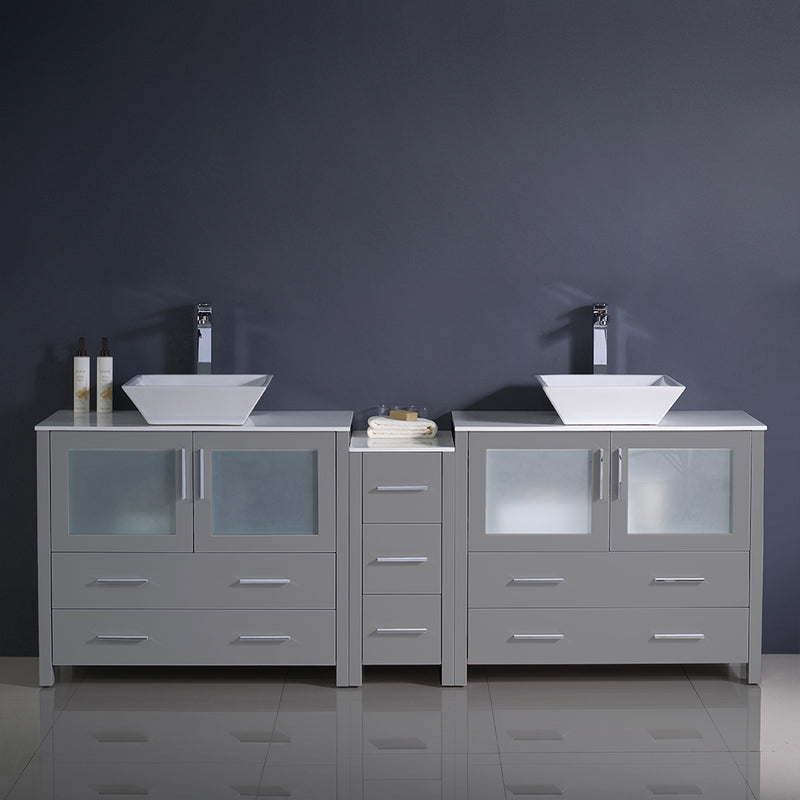 Fresca Torino 84" Gray Modern Double Sink Bathroom Cabinets with Tops and Vessel Sinks FCB62-361236GR-CWH-V