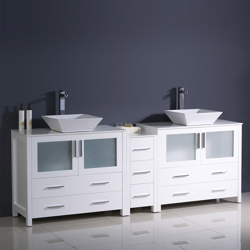 Fresca Torino 84" White Modern Double Sink Bathroom Cabinets with Tops and Vessel Sinks FCB62-361236WH-CWH-V