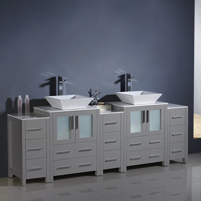 Fresca Torino 84" Gray Modern Double Sink Bathroom Cabinets with Tops and Vessel Sinks FCB62-72GR-CWH-V