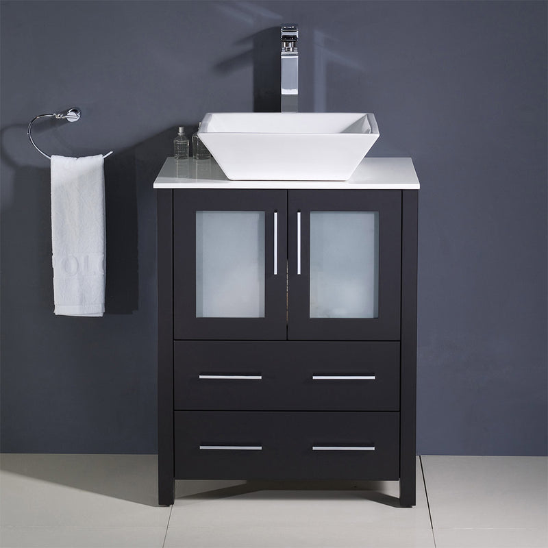 Fresca Torino 24" Espresso Modern Bathroom Cabinet with Top and Vessel Sink FCB6224ES-CWH-V