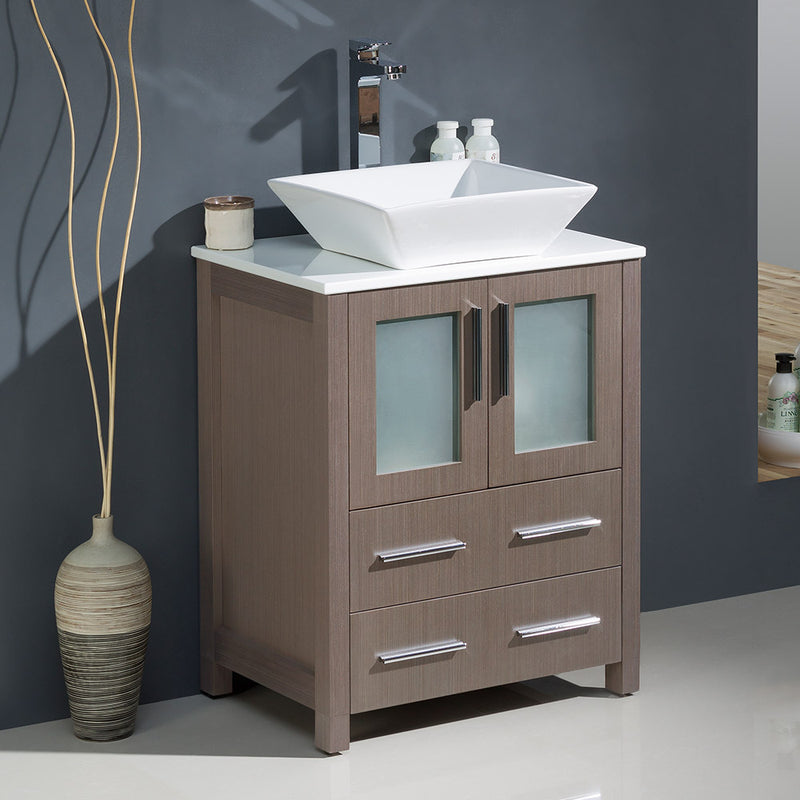 Fresca Torino 24" Gray Oak Modern Bathroom Cabinet with Top and Vessel Sink FCB6224GO-CWH-V