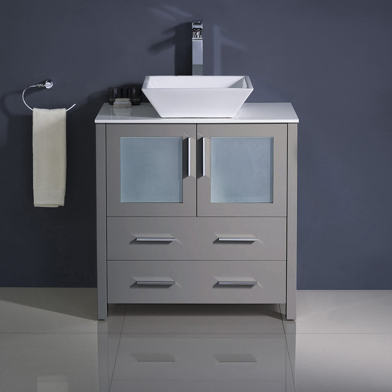 Fresca Torino 30" Gray Modern Bathroom Cabinet with Top and Vessel Sink FCB6230GR-CWH-V