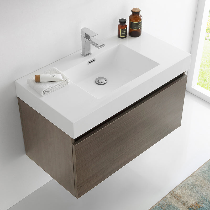 Fresca Mezzo 36" Gray Oak Wall Hung Modern Bathroom Cabinet with Integrated Sink FCB8008GO-I