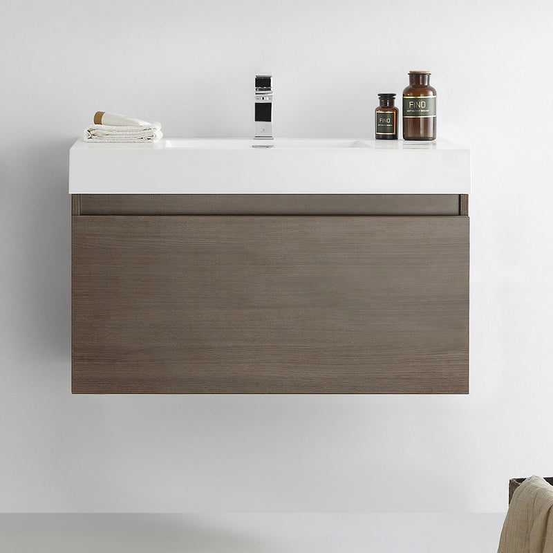 Fresca Mezzo 36" Gray Oak Wall Hung Modern Bathroom Cabinet with Integrated Sink FCB8008GO-I