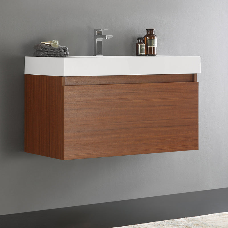 Fresca Mezzo 36" Teak Wall Hung Modern Bathroom Cabinet with Integrated Sink FCB8008TK-I