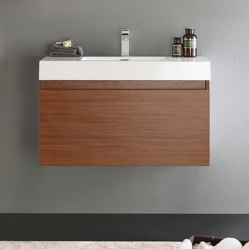 Fresca Mezzo 36" Teak Wall Hung Modern Bathroom Cabinet with Integrated Sink FCB8008TK-I