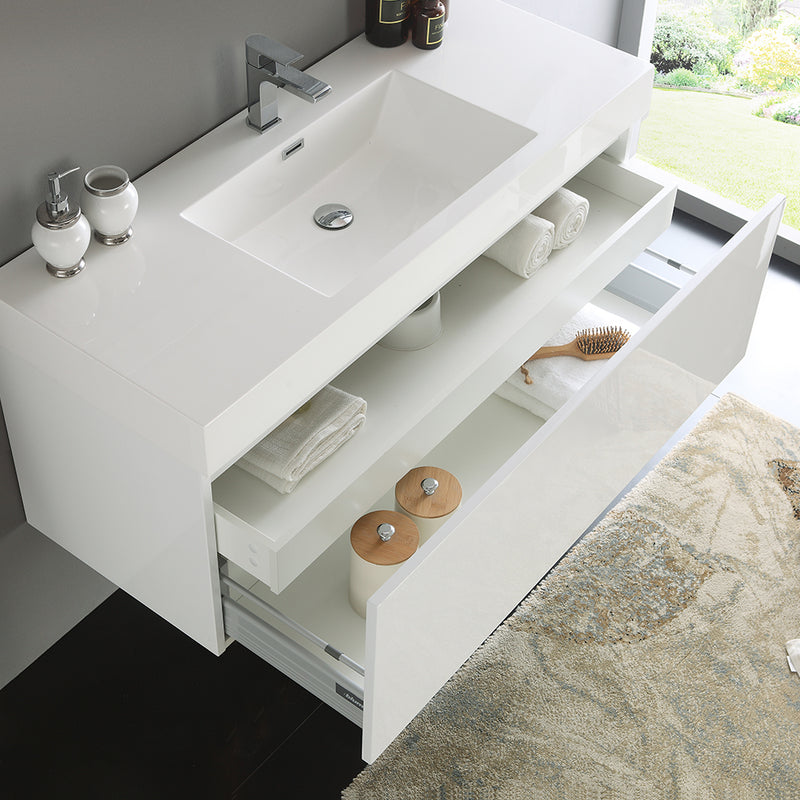 Fresca Mezzo 48" White Wall Hung Modern Bathroom Cabinet with Integrated Sink FCB8011WH-I