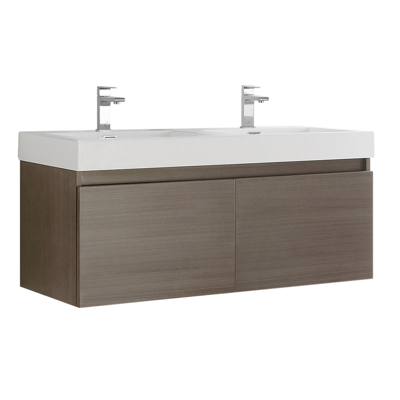 Fresca Mezzo 48" Gray Oak Wall Hung Double Sink Modern Bathroom Cabinet w/ Integrated Sink FCB8012GO-I