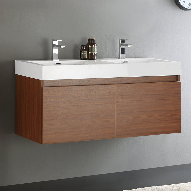 Fresca Mezzo 48" Teak Wall Hung Double Sink Modern Bathroom Cabinet with Integrated Sink FCB8012TK-I