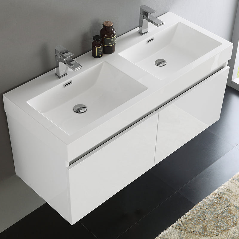 Fresca Mezzo 48" White Wall Hung Double Sink Modern Bathroom Cabinet with Integrated Sink FCB8012WH-I