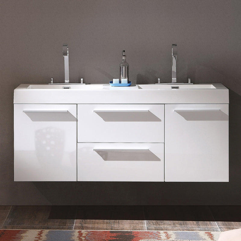 Fresca Opulento 54" White Modern Double Sink Cabinet with Integrated Sinks FCB8013WH-I