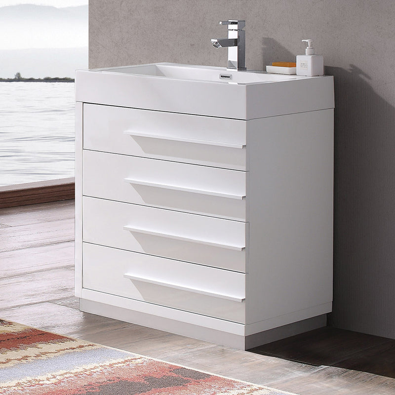 Fresca Livello 30" White Modern Bathroom Cabinet with Integrated Sink FCB8030WH-I