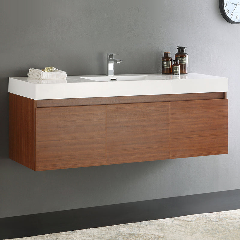 Fresca Mezzo 60" Teak Wall Hung Single Sink Modern Bathroom Cabinet with Integrated Sink FCB8041TK-I