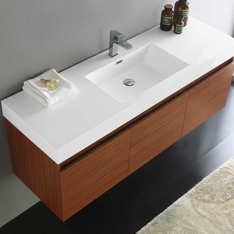 Fresca Mezzo 60" Teak Wall Hung Single Sink Modern Bathroom Cabinet with Integrated Sink FCB8041TK-I